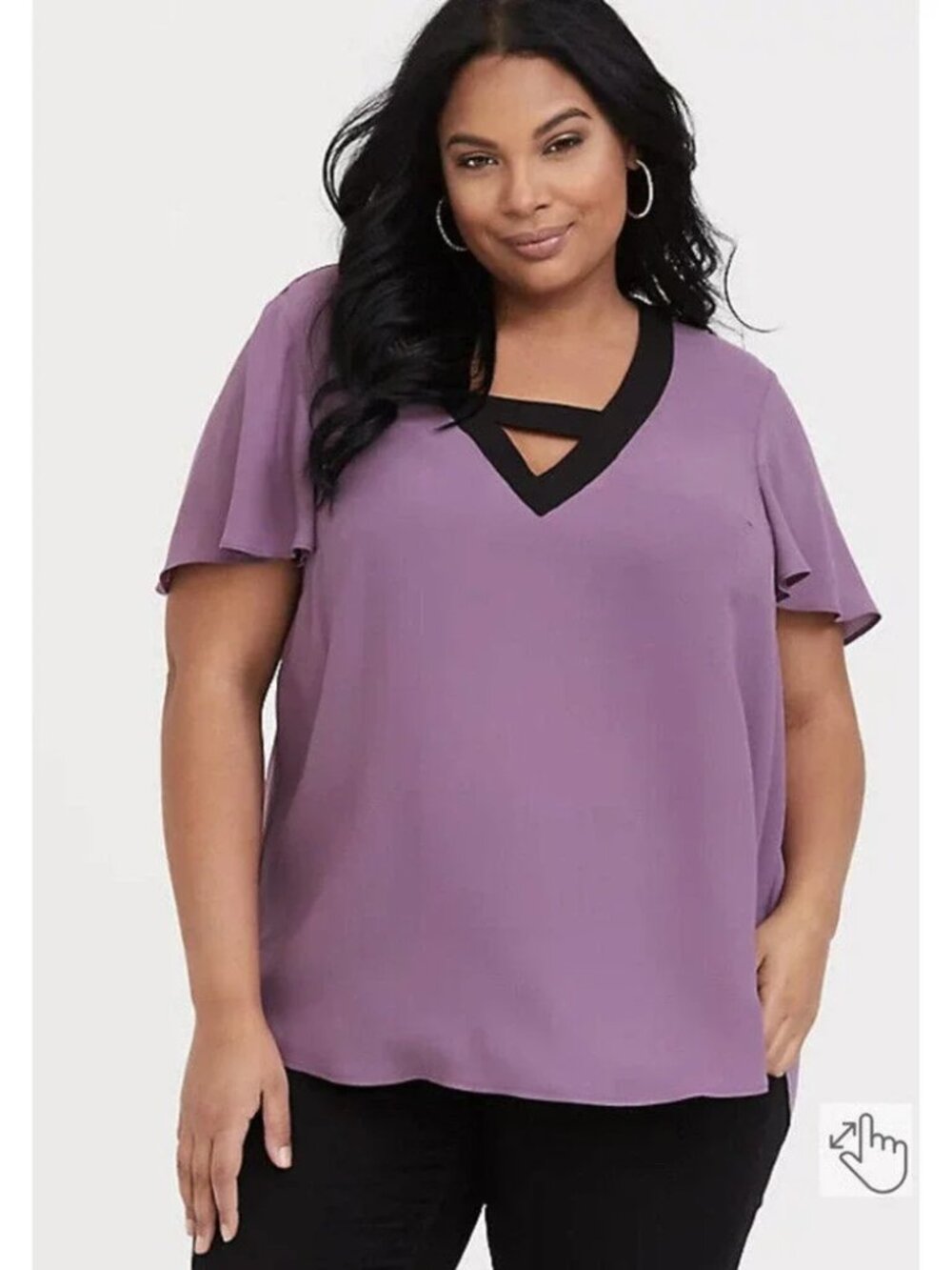 Torrid Purple and Black Bar V-Neck Georgette Cut Out Short Sleeve Blouse